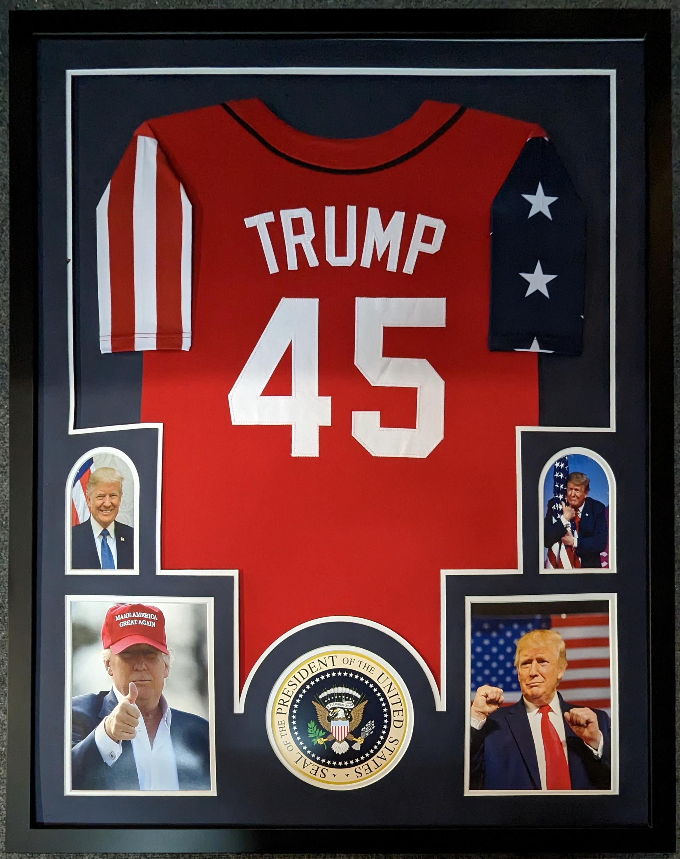 Donald Trump Unsigned Custom Framed Jersey Display at PristineAuction.com Donald Trump Unsigned Custom Framed Jersey Display at PristineAuction.com