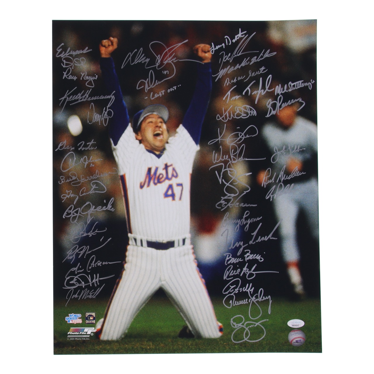 1986 World Series Champion Mets 16x20 Photo Signed by (39) with Gary Carter, Davey Johnson, Keith Hernandez, Ray Knight Inscribed "Last Out" (JSA) at PristineAuction.com 1986 World Series Champion Mets 16x20 Photo Signed by (39) with Gary Carter, Davey Johnson, Keith Hernandez, Ray Knight Inscribed "Last Out" (JSA) at PristineAuction.com