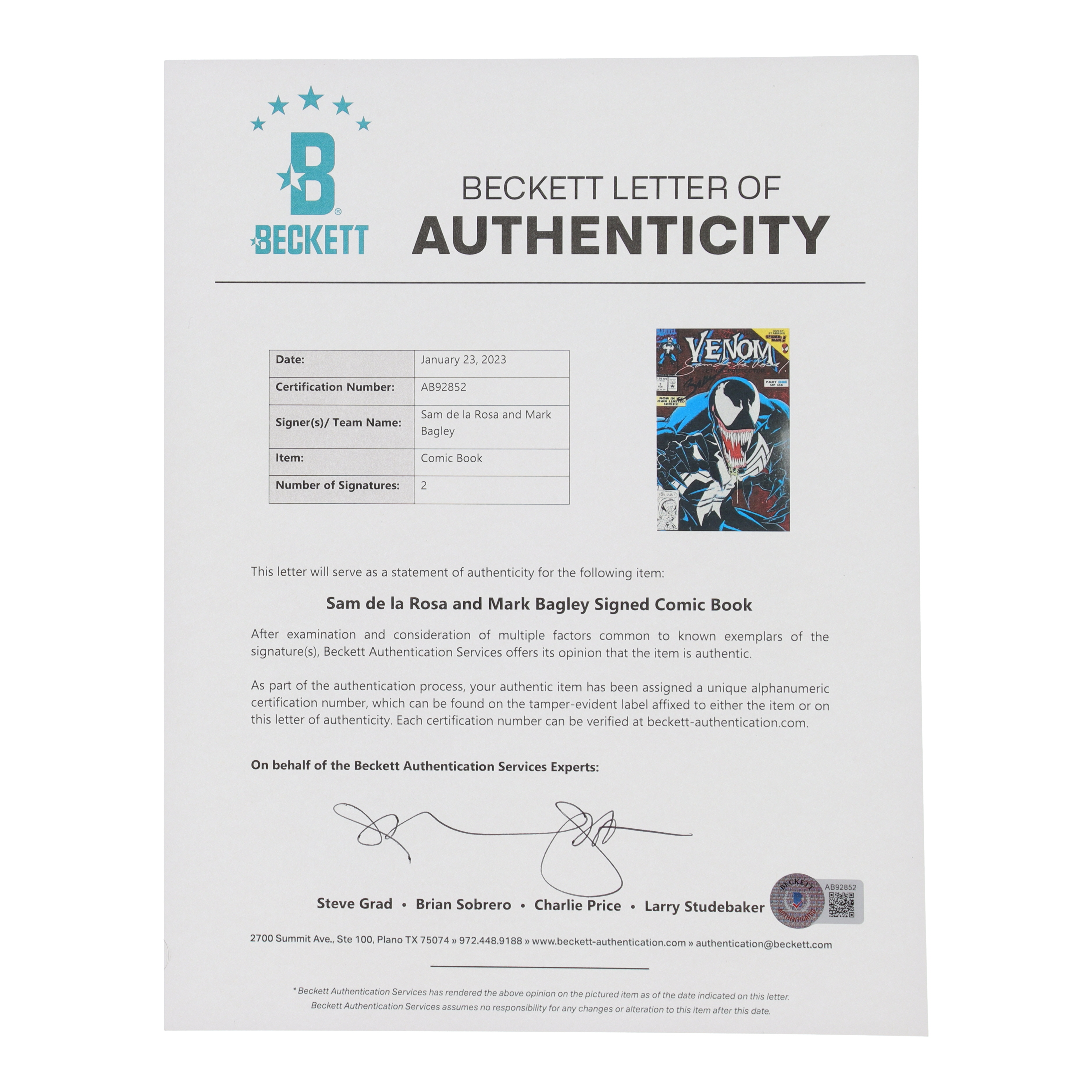 Sam de la Rosa & Mark Bagley Signed 1993 "Venom: Lethal Protector" Issue #1 Red Foil Cover Marvel Comic Book (CGC 9.6 & Beckett) at PristineAuction.com Sam de la Rosa & Mark Bagley Signed 1993 "Venom: Lethal Protector" Issue #1 Red Foil Cover Marvel Comic Book (CGC 9.6 & Beckett) at PristineAuction.com