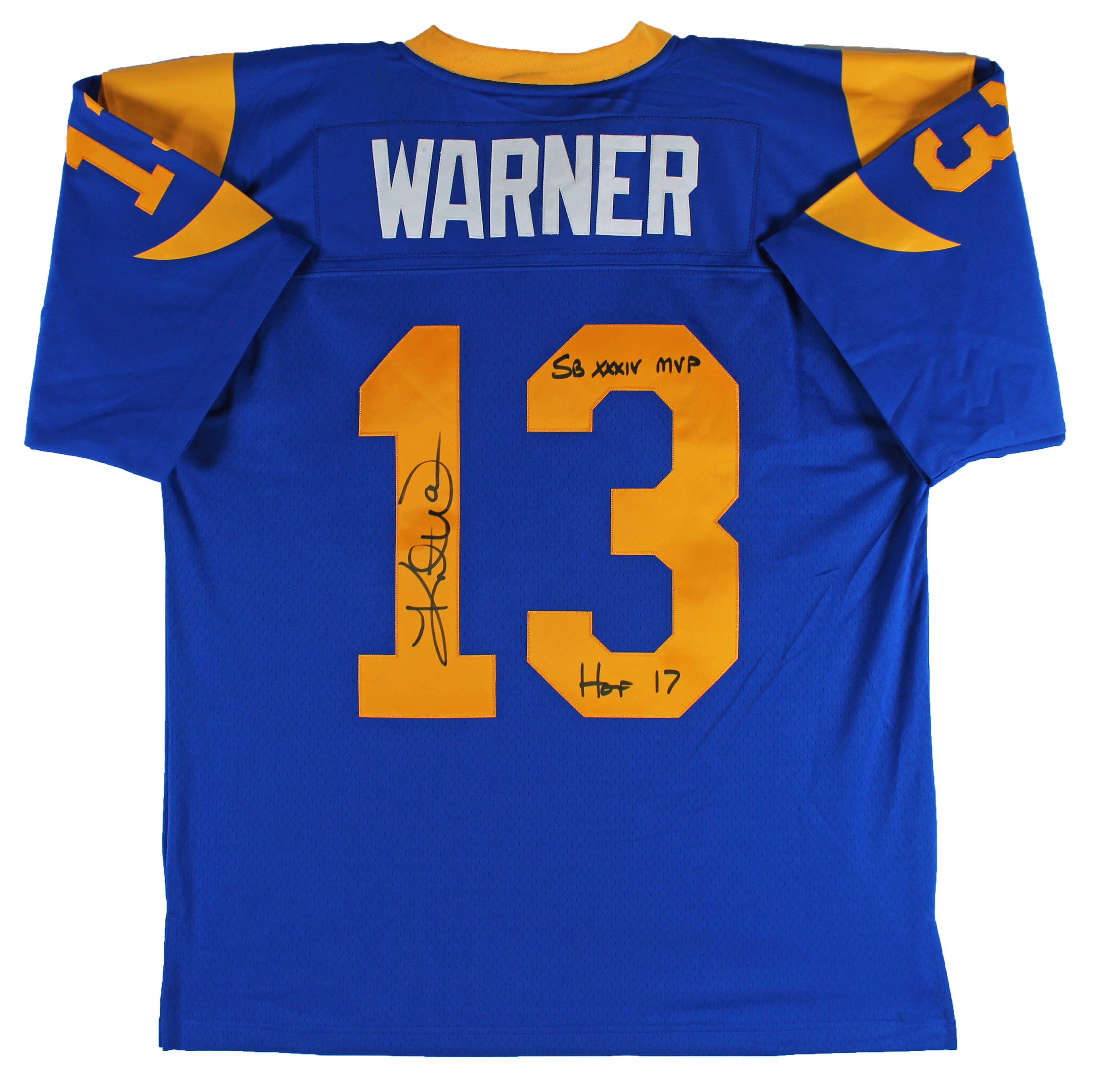 Kurt Warner Signed Mitchell & Ness Rams Jersey Inscribed "HOF 17" & "SB XXXIV MVP" (Beckett) at PristineAuction.com Kurt Warner Signed Mitchell & Ness Rams Jersey Inscribed "HOF 17" & "SB XXXIV MVP" (Beckett) at PristineAuction.com