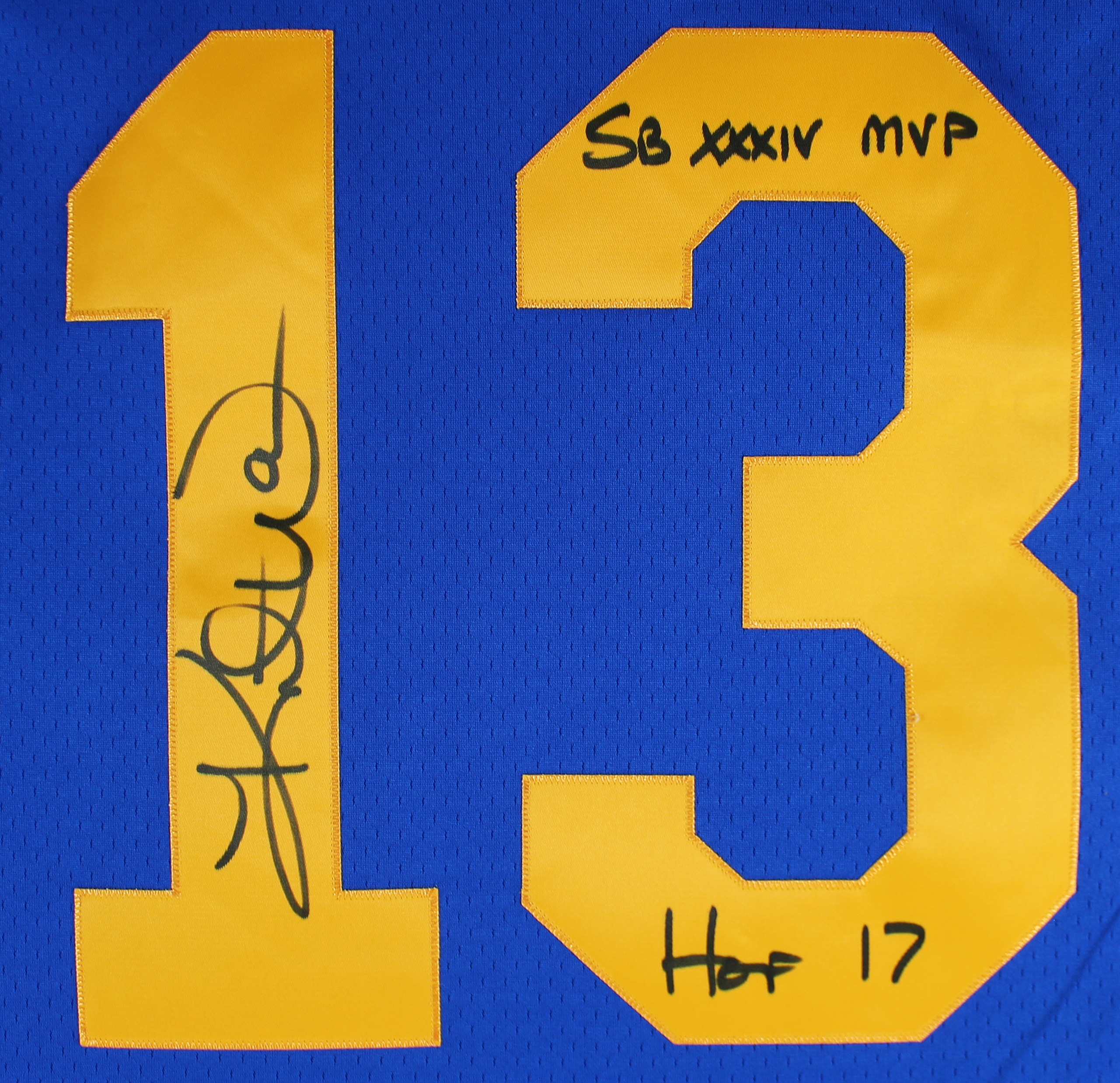 Kurt Warner Signed Mitchell & Ness Rams Jersey Inscribed "HOF 17" & "SB XXXIV MVP" (Beckett) at PristineAuction.com Kurt Warner Signed Mitchell & Ness Rams Jersey Inscribed "HOF 17" & "SB XXXIV MVP" (Beckett) at PristineAuction.com