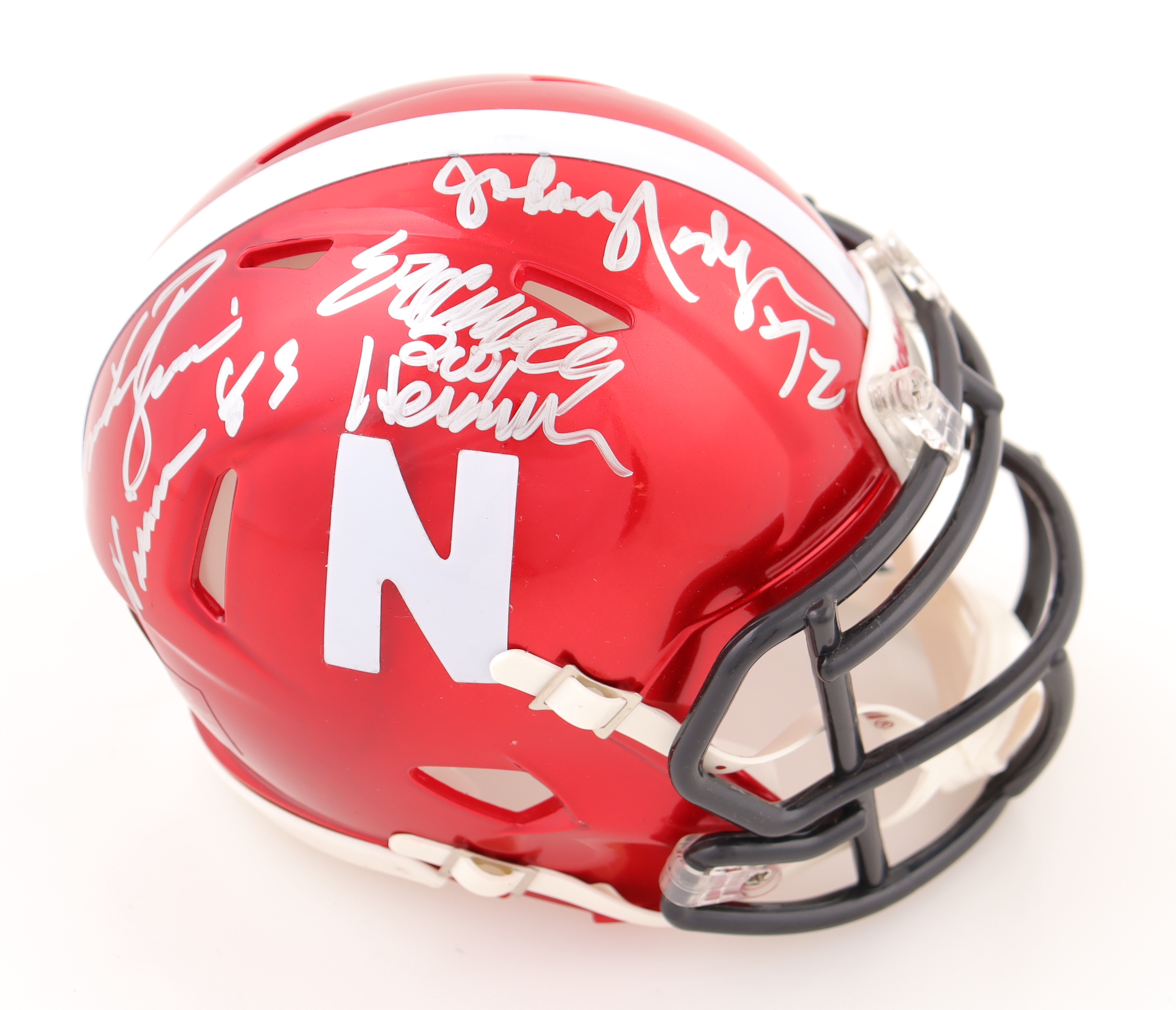 Eric Crouch, Johnny Rodgers & Mike Rozier Signed Nebraska Cornhuskers Flash Alternate Speed Mini Helmet Inscribed "Heisman 83", "'72" & "2001 Hesiman" (JSA) at PristineAuction.com Eric Crouch, Johnny Rodgers & Mike Rozier Signed Nebraska Cornhuskers Flash Alternate Speed Mini Helmet Inscribed "Heisman 83", "'72" & "2001 Hesiman" (JSA) at PristineAuction.com