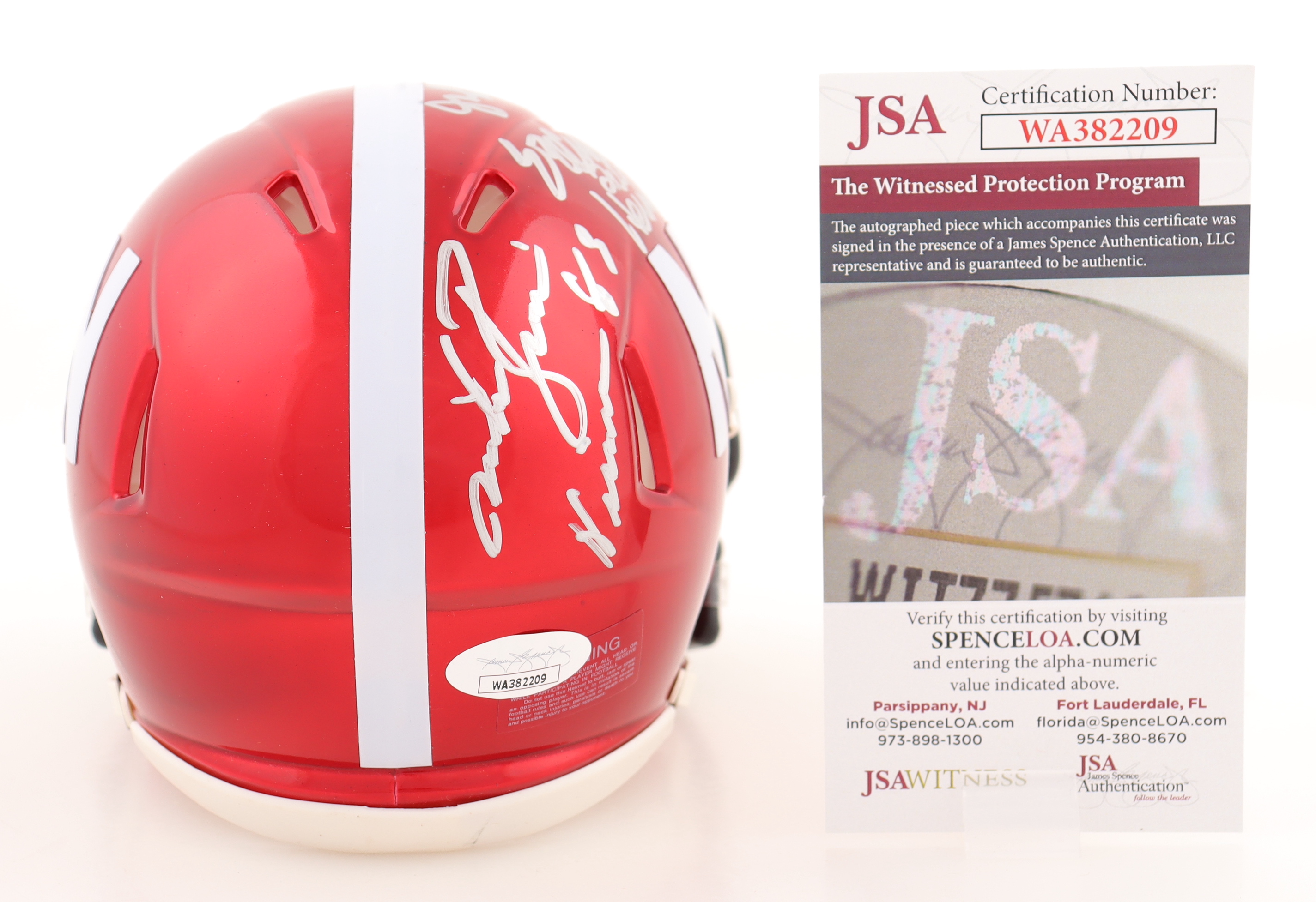 Eric Crouch, Johnny Rodgers & Mike Rozier Signed Nebraska Cornhuskers Flash Alternate Speed Mini Helmet Inscribed "Heisman 83", "'72" & "2001 Hesiman" (JSA) at PristineAuction.com Eric Crouch, Johnny Rodgers & Mike Rozier Signed Nebraska Cornhuskers Flash Alternate Speed Mini Helmet Inscribed "Heisman 83", "'72" & "2001 Hesiman" (JSA) at PristineAuction.com
