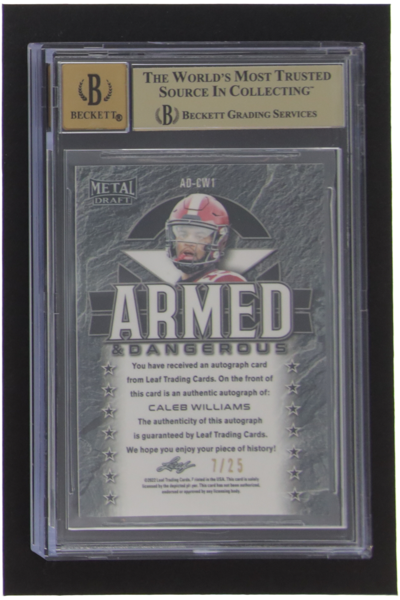 Caleb Williams 2022 Leaf Metal Draft Armed and Dangerous Wave Blue #ADCW1 #7/25 (BGS 9.5) at PristineAuction.com Caleb Williams 2022 Leaf Metal Draft Armed and Dangerous Wave Blue #ADCW1 #7/25 (BGS 9.5) at PristineAuction.com