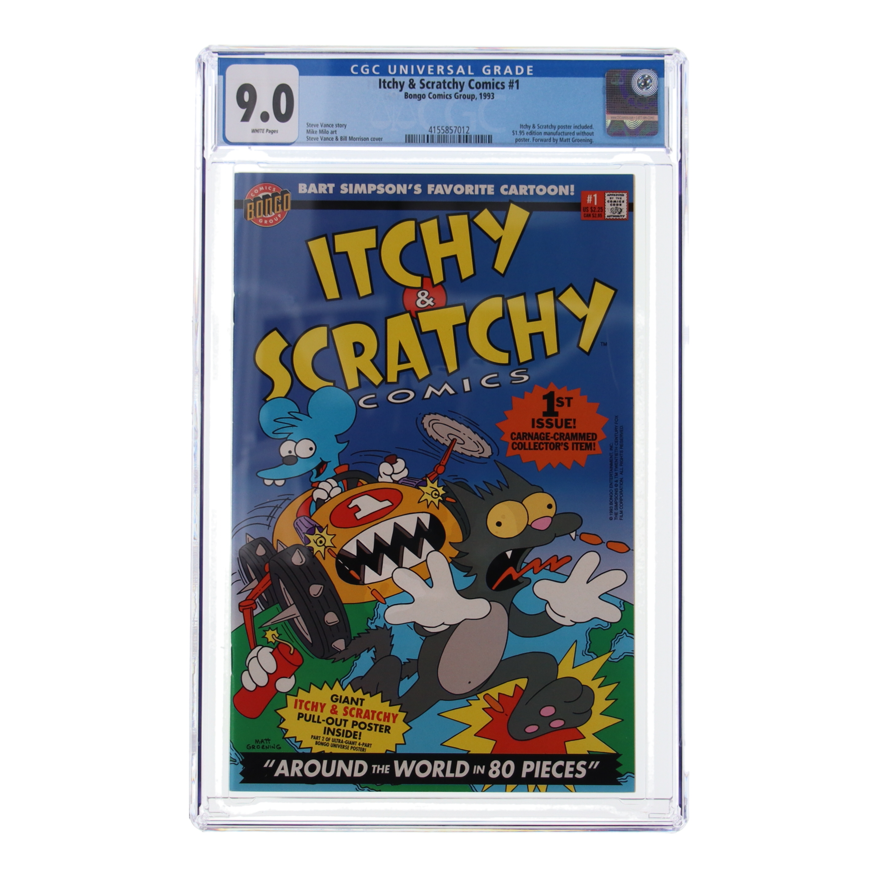 1993 "Itchy And Scratchy Comics" Issue #1 Bongo Comics Group Comic Book (CGC 9.0) at PristineAuction.com 1993 "Itchy And Scratchy Comics" Issue #1 Bongo Comics Group Comic Book (CGC 9.0) at PristineAuction.com