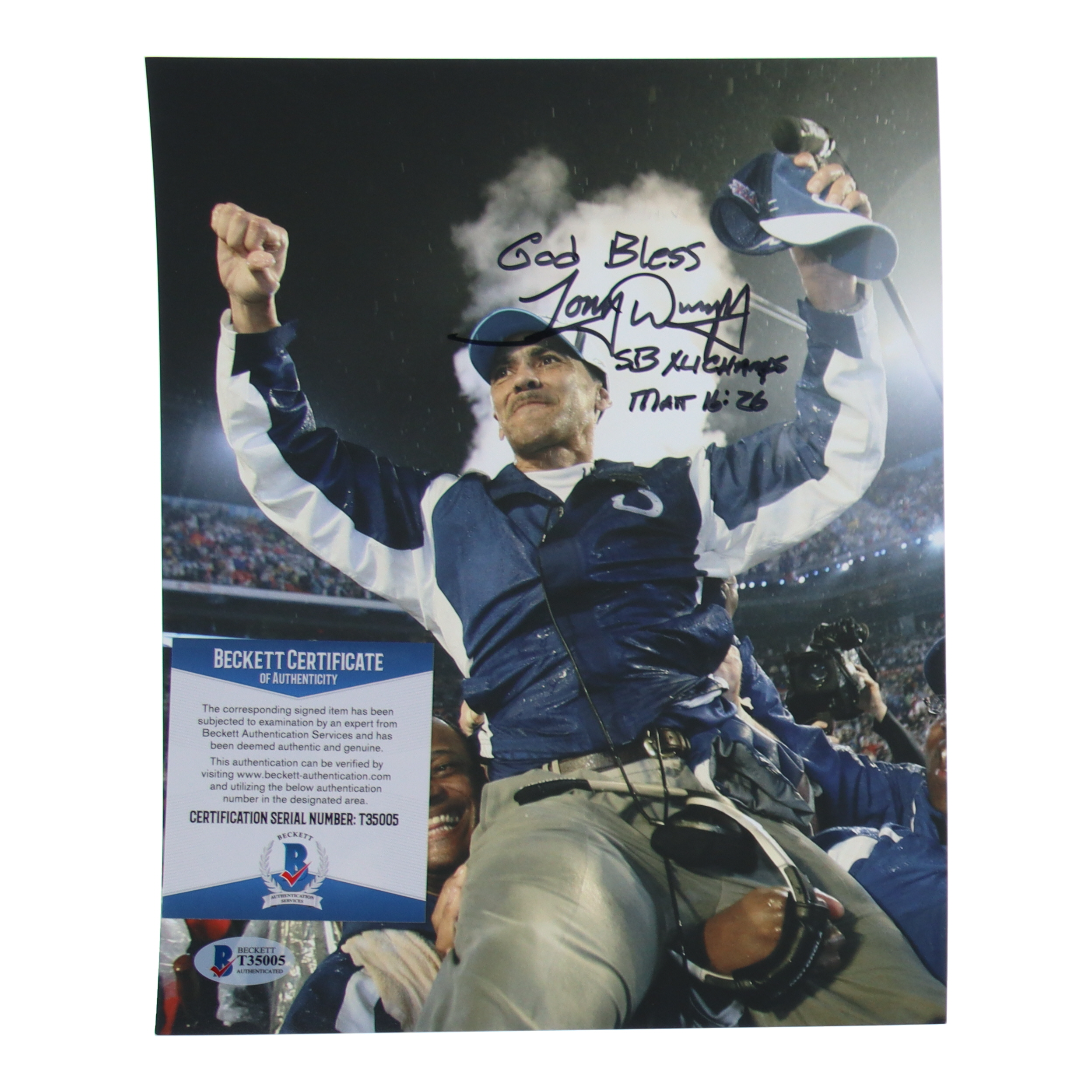 Tony Dungy Signed 8x10 Photo Inscribed "God Bless SB X4 Champs" (Beckett) at PristineAuction.com Tony Dungy Signed 8x10 Photo Inscribed "God Bless SB X4 Champs" (Beckett) at PristineAuction.com