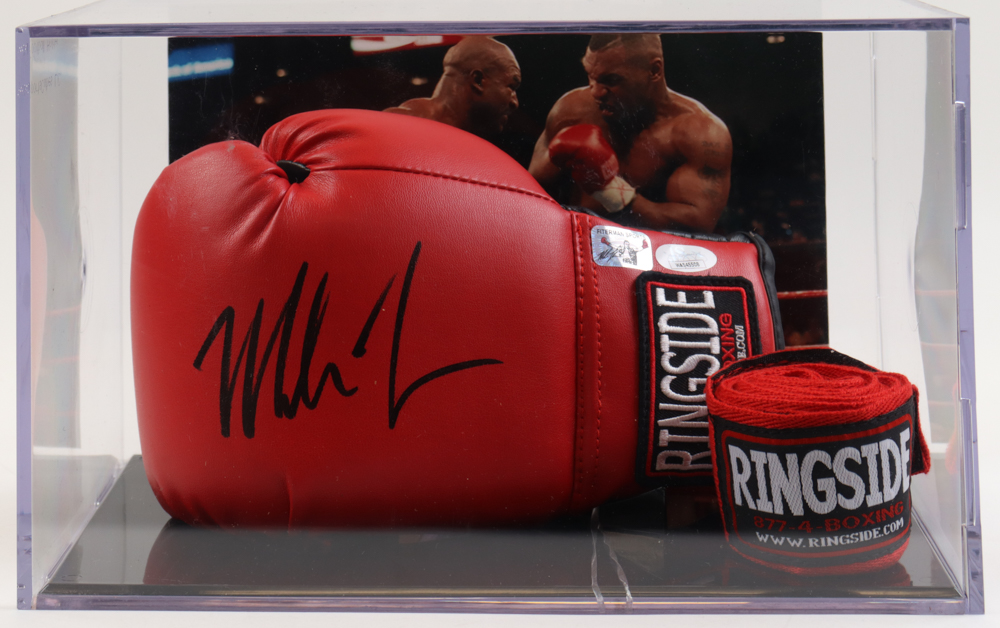 Mike Tyson Signed Ringside Boxing Glove with Wrist Wraps & Photo Display Case (JSA & Tyson) at PristineAuction.com Mike Tyson Signed Ringside Boxing Glove with Wrist Wraps & Photo Display Case (JSA & Tyson) at PristineAuction.com