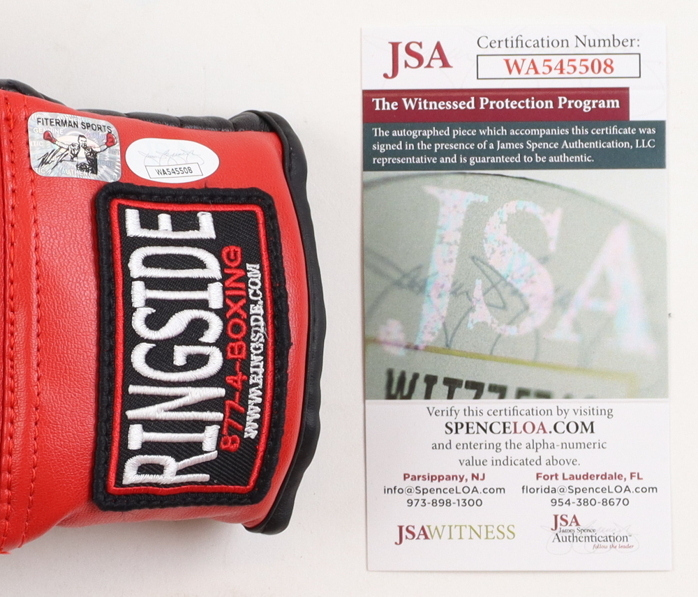 Mike Tyson Signed Ringside Boxing Glove with Wrist Wraps & Photo Display Case (JSA & Tyson) at PristineAuction.com Mike Tyson Signed Ringside Boxing Glove with Wrist Wraps & Photo Display Case (JSA & Tyson) at PristineAuction.com