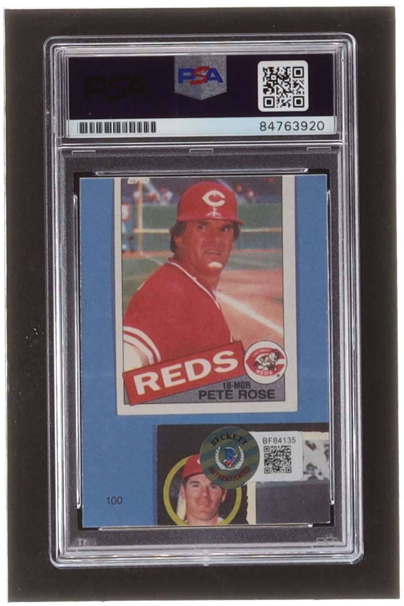 Pete Rose Signed 1985 Topps Rose #100 / Reds Holding Bat (PSA & Beckett) at PristineAuction.com Pete Rose Signed 1985 Topps Rose #100 / Reds Holding Bat (PSA & Beckett) at PristineAuction.com