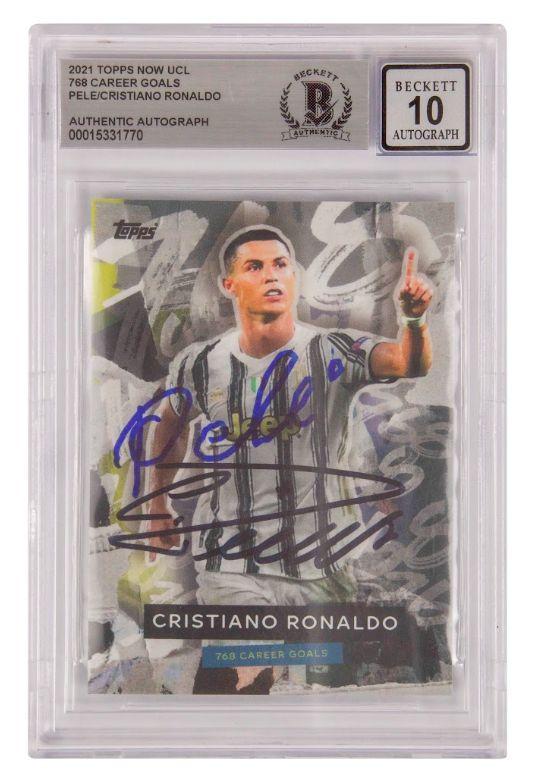 Pele & Cristiano Ronaldo Signed 2021 Topps Now UCl 768 Career Goals (BGS) at PristineAuction.com Pele & Cristiano Ronaldo Signed 2021 Topps Now UCl 768 Career Goals (BGS) at PristineAuction.com