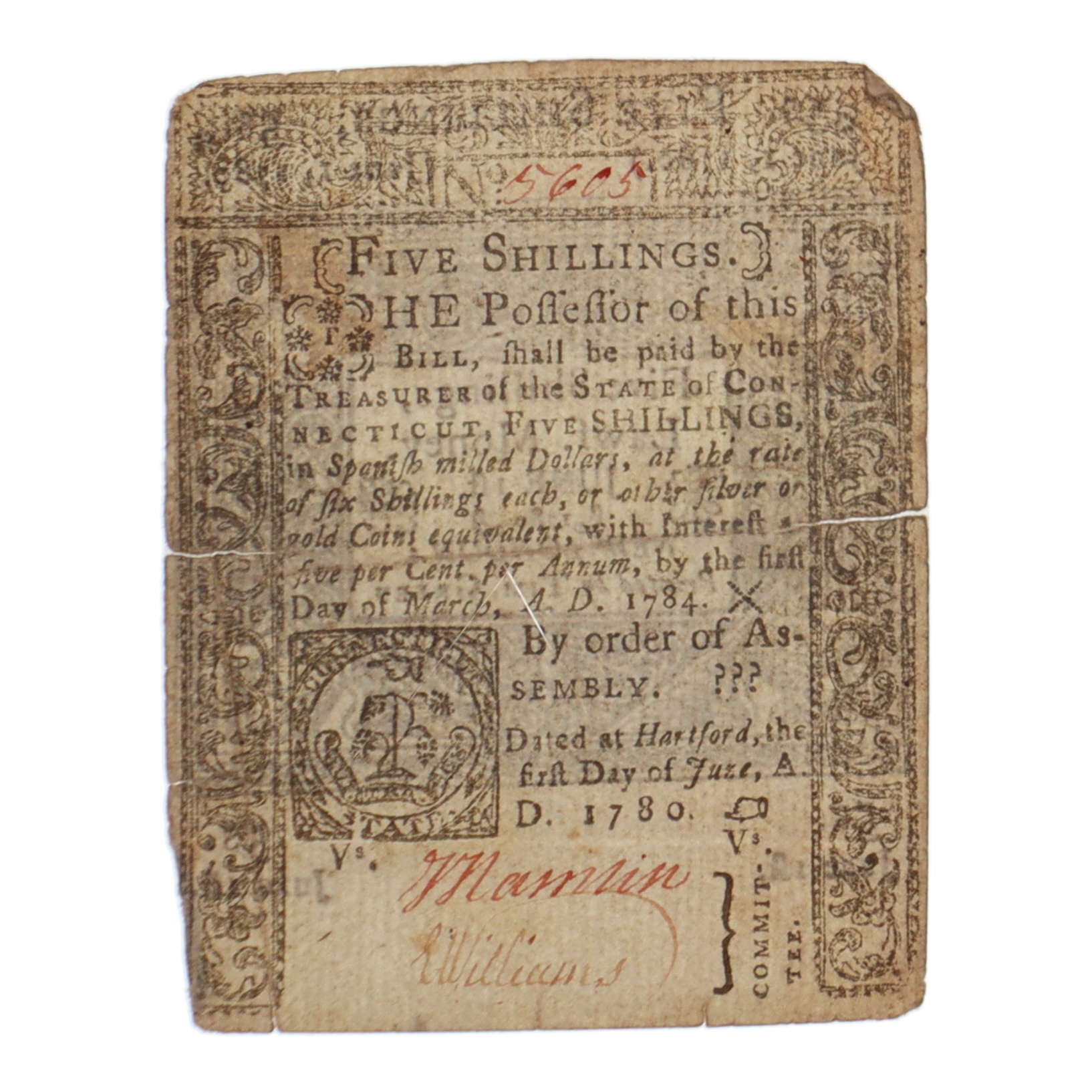 1780 Five Shillings - New London - Colonial Currency Note at PristineAuction.com 1780 Five Shillings - New London - Colonial Currency Note at PristineAuction.com