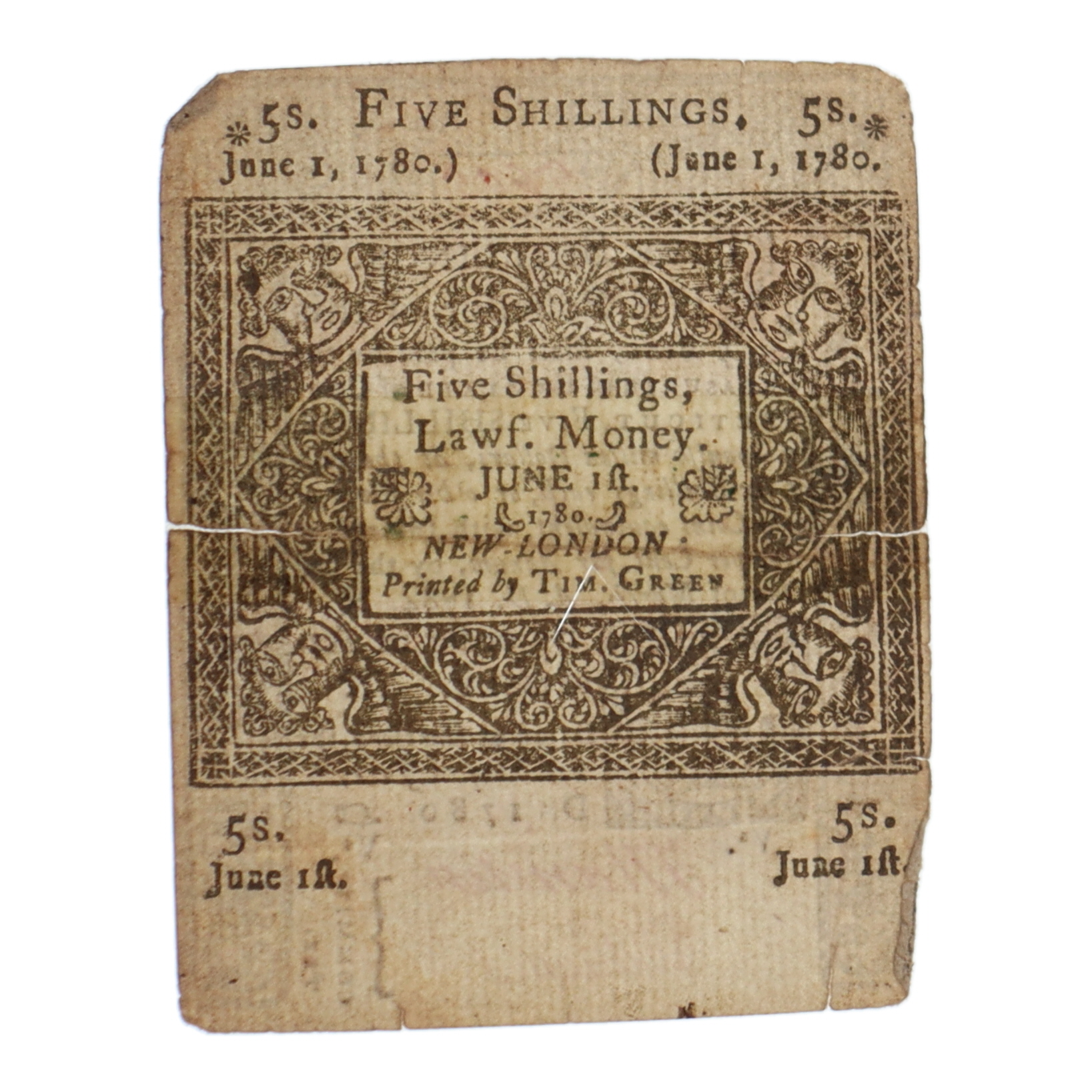 1780 Five Shillings - New London - Colonial Currency Note at PristineAuction.com 1780 Five Shillings - New London - Colonial Currency Note at PristineAuction.com