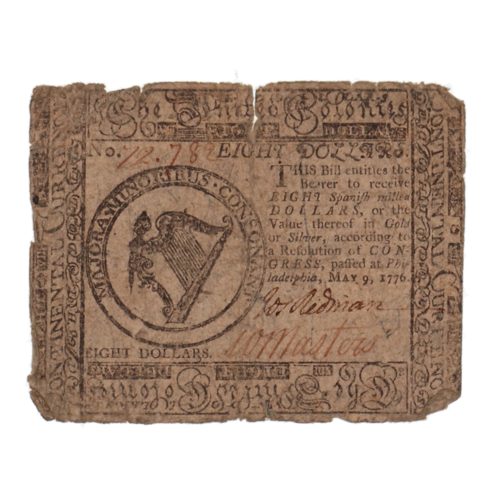 1776 $8 Eight Dollars Continental Colonial Currency Note | Pristine Auction