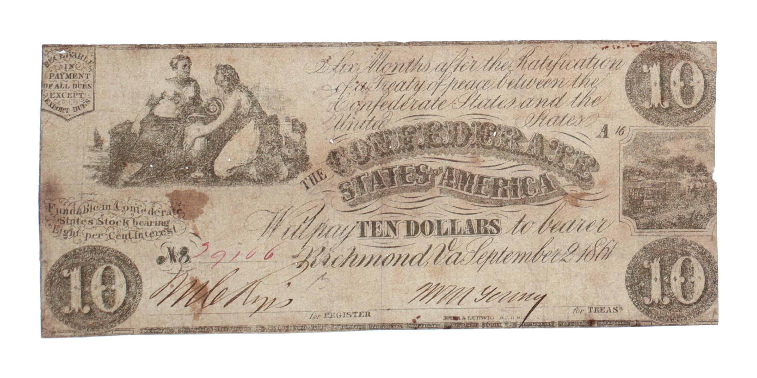 1861 $10 Ten Dollar Confederate States of America Currency Note at PristineAuction.com 1861 $10 Ten Dollar Confederate States of America Currency Note at PristineAuction.com