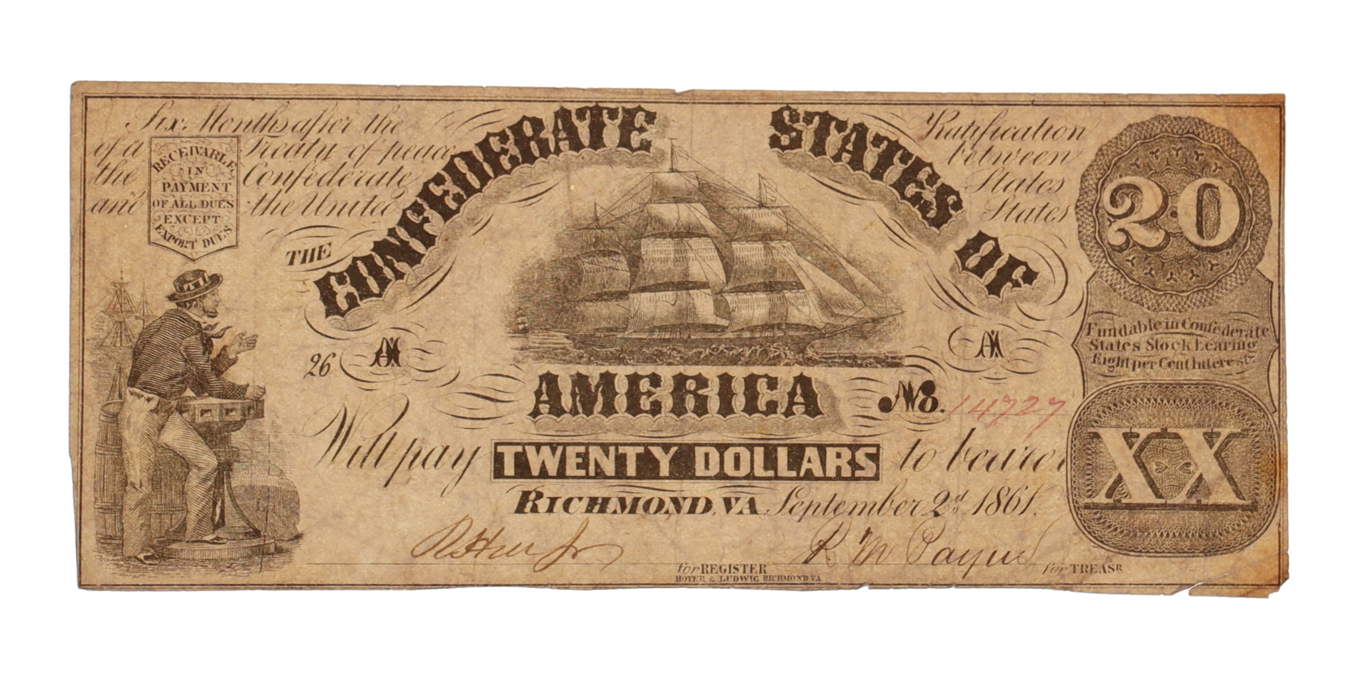 1861 $20 Twenty Dollar Confederate States of America Currency Note at PristineAuction.com 1861 $20 Twenty Dollar Confederate States of America Currency Note at PristineAuction.com