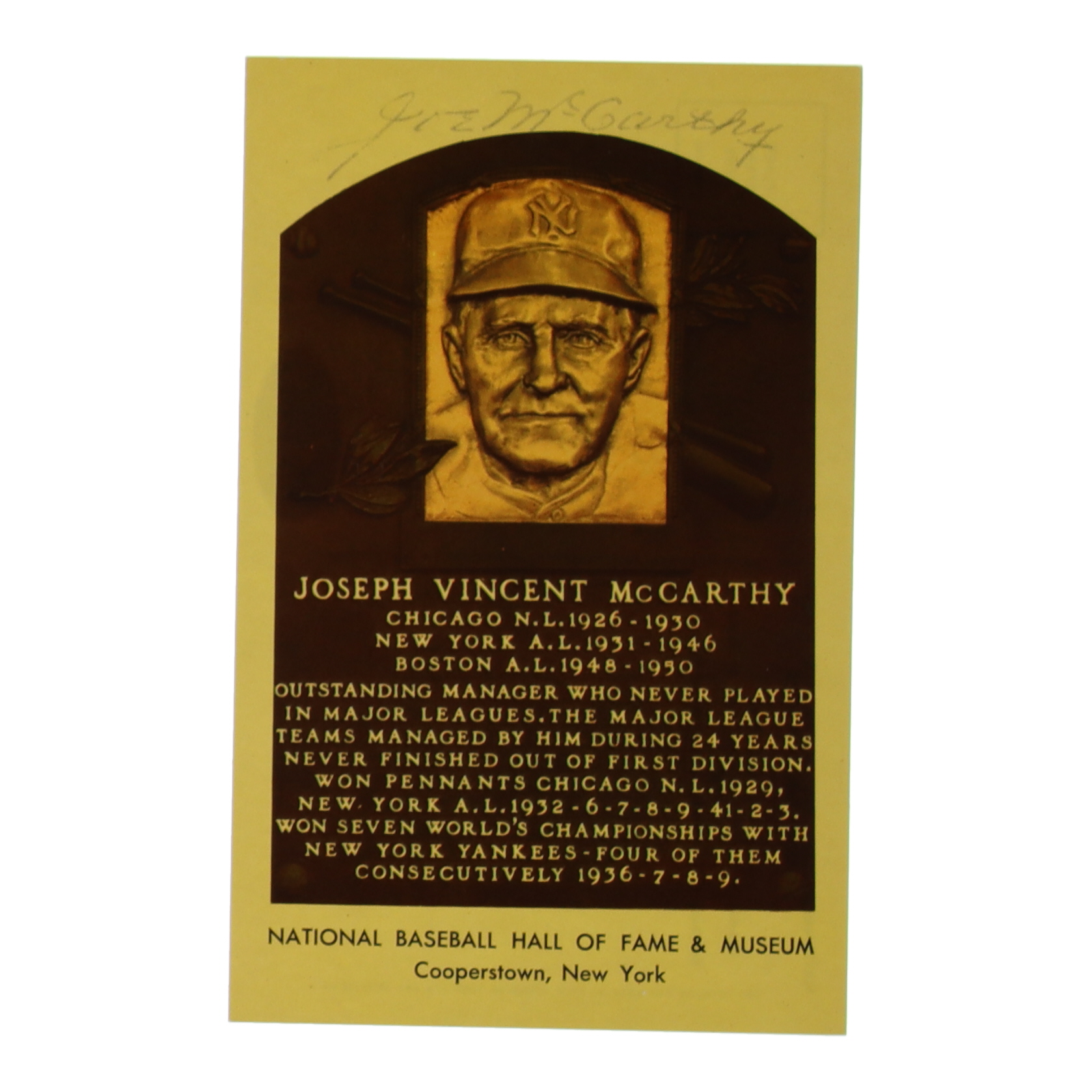 Joe McCarthy Signed Hall of Fame Plaque Postcard (JSA) at PristineAuction.com Joe McCarthy Signed Hall of Fame Plaque Postcard (JSA) at PristineAuction.com