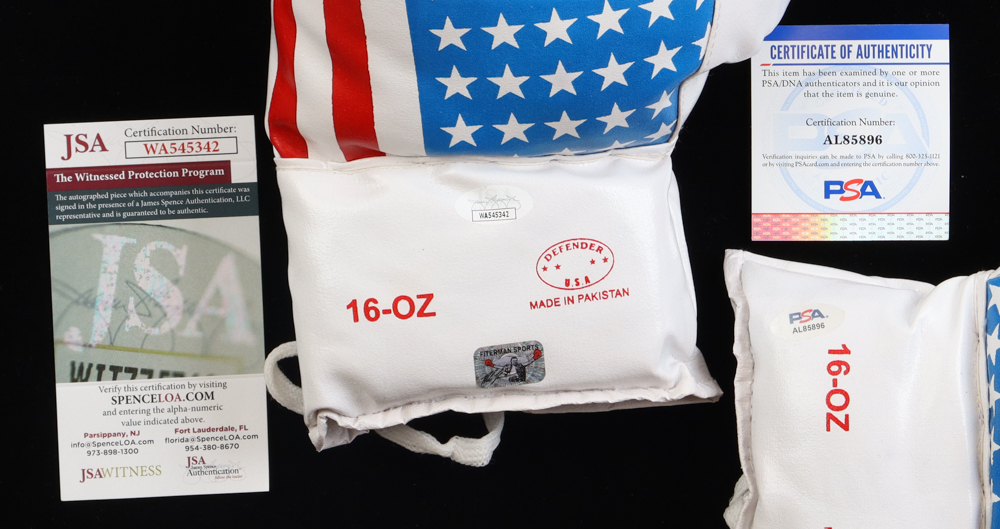 Mike Tyson & Michael Spinks Signed Pair of USA Defender Boxing Gloves Inscribed "Jinx" (JSA, Tyson & PSA) at PristineAuction.com Mike Tyson & Michael Spinks Signed Pair of USA Defender Boxing Gloves Inscribed "Jinx" (JSA, Tyson & PSA) at PristineAuction.com