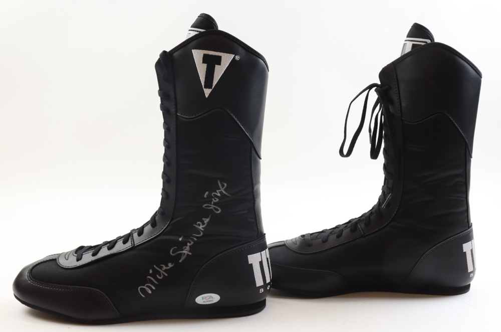 Mike Tyson & Michael Spinks Signed Pair Of Title Boxing Boots Inscribed "Jinx" (PSA, JSA & Tyson) at PristineAuction.com Mike Tyson & Michael Spinks Signed Pair Of Title Boxing Boots Inscribed "Jinx" (PSA, JSA & Tyson) at PristineAuction.com