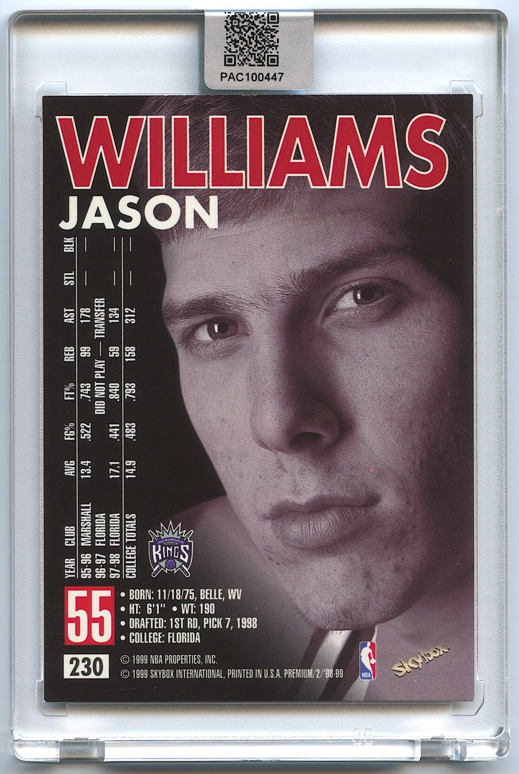 Jason Williams Signed 1998-99 SkyBox Premium #230 RC (PA Encapsulated) at PristineAuction.com Jason Williams Signed 1998-99 SkyBox Premium #230 RC (PA Encapsulated) at PristineAuction.com