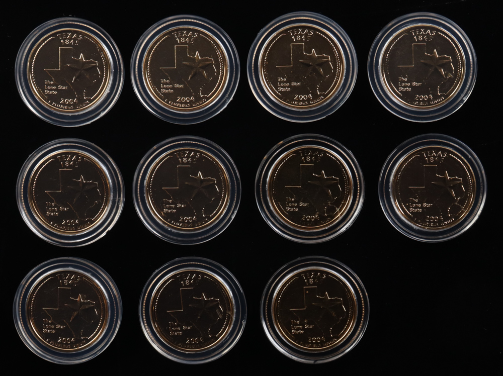 Cowboys "Farewell to Texas Stadium" Limited Edition Set of (11) 24K Gold Plated & Colorized Texas Quarters with Tony Romo, Jason Witten, Terrell Owens at PristineAuction.com Cowboys "Farewell to Texas Stadium" Limited Edition Set of (11) 24K Gold Plated & Colorized Texas Quarters with Tony Romo, Jason Witten, Terrell Owens at PristineAuction.com