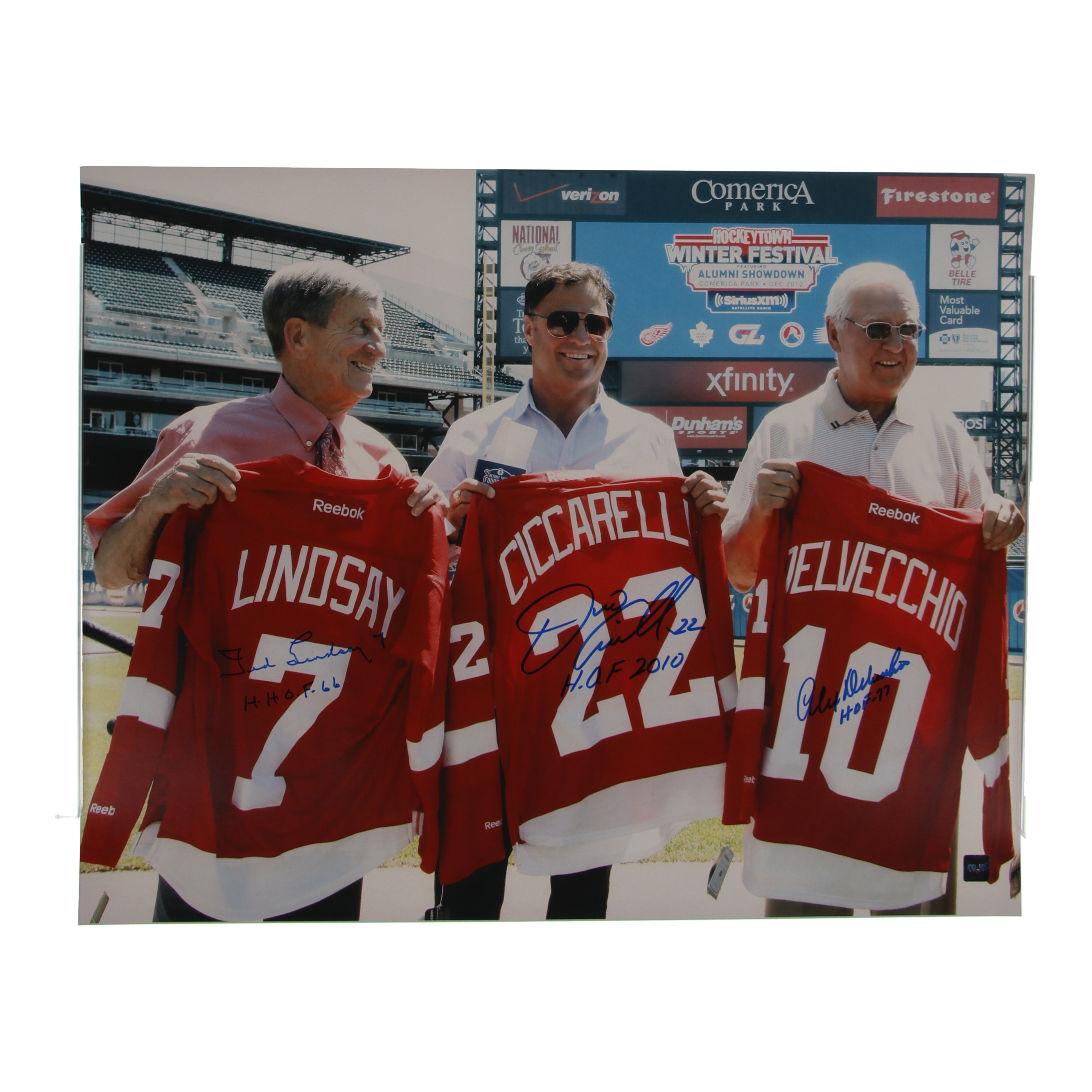 Ted Lindsay, Dino Ciccarelli & Alex Delvecchio Signed Red Wings 16x20 Photo With Multiple Hall Of Fame Inscriptions (COJO) at PristineAuction.com Ted Lindsay, Dino Ciccarelli & Alex Delvecchio Signed Red Wings 16x20 Photo With Multiple Hall Of Fame Inscriptions (COJO) at PristineAuction.com