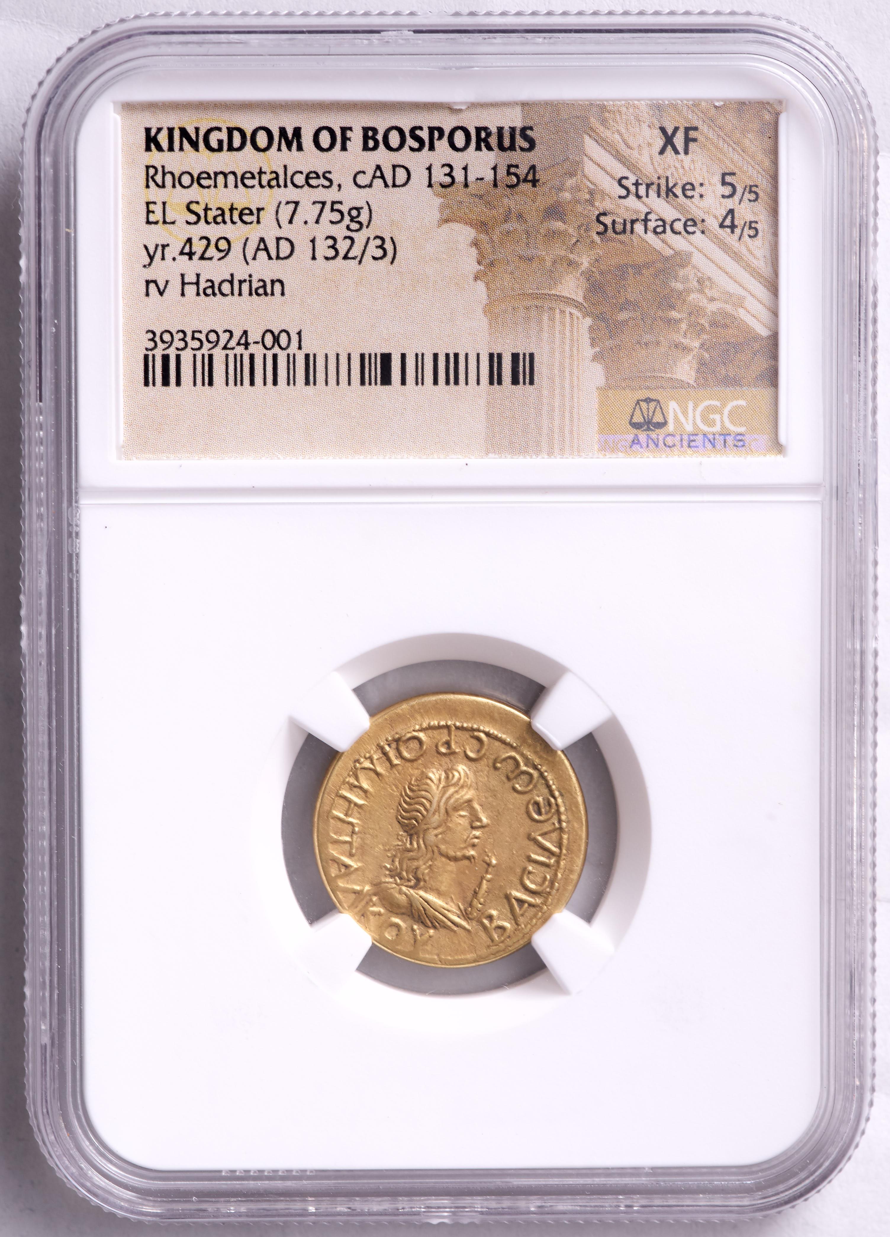 Rhoemetalces (c.A.D. 131-154) Kingdom of Bosporus, Year 429 EL Stater Ancient Gold Coin, Reverse Hadrian (NGC XF) Strike 5/5, Surface 4/5 at PristineAuction.com Rhoemetalces (c.A.D. 131-154) Kingdom of Bosporus, Year 429 EL Stater Ancient Gold Coin, Reverse Hadrian (NGC XF) Strike 5/5, Surface 4/5 at PristineAuction.com
