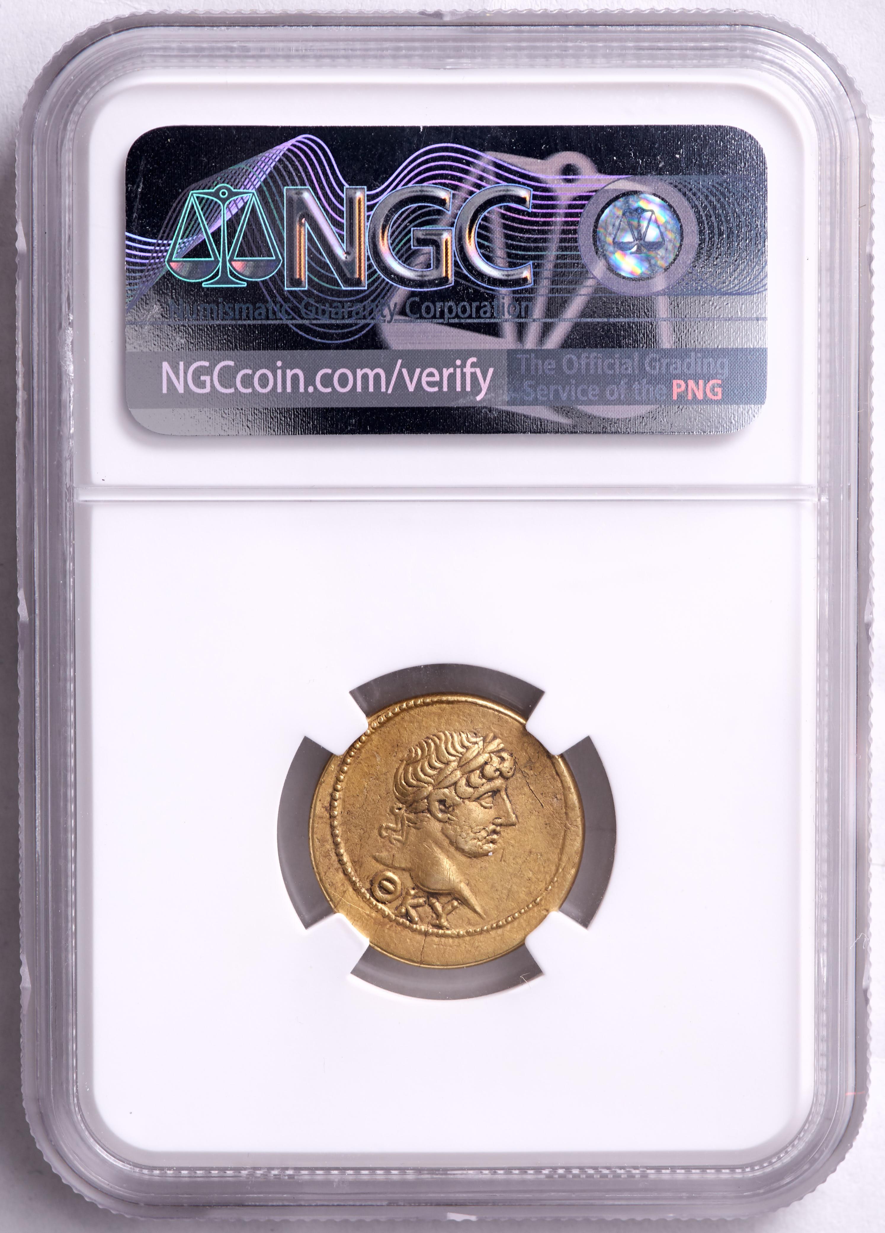 Rhoemetalces (c.A.D. 131-154) Kingdom of Bosporus, Year 429 EL Stater Ancient Gold Coin, Reverse Hadrian (NGC XF) Strike 5/5, Surface 4/5 at PristineAuction.com Rhoemetalces (c.A.D. 131-154) Kingdom of Bosporus, Year 429 EL Stater Ancient Gold Coin, Reverse Hadrian (NGC XF) Strike 5/5, Surface 4/5 at PristineAuction.com