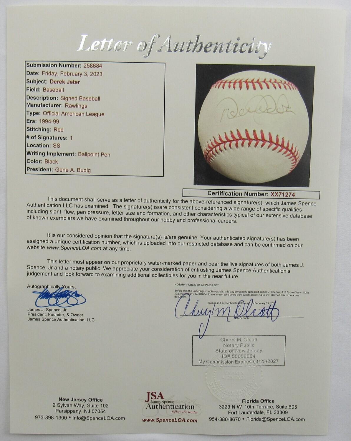 Derek Jeter Signed OAL Baseball (JSA) at PristineAuction.com Derek Jeter Signed OAL Baseball (JSA) at PristineAuction.com