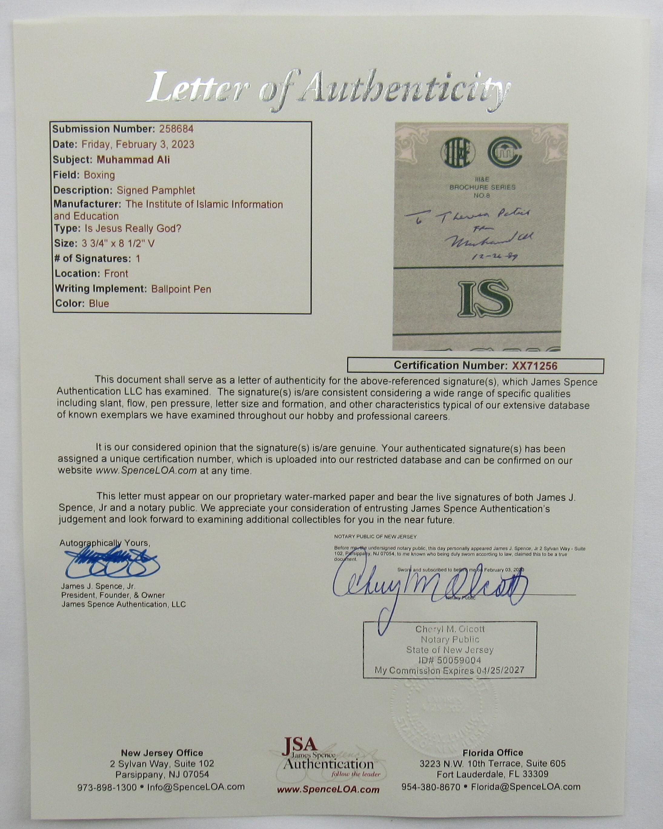 Muhammad Ali Signed Pamphlet Inscribed "12-26-89" (JSA) at PristineAuction.com Muhammad Ali Signed Pamphlet Inscribed "12-26-89" (JSA) at PristineAuction.com