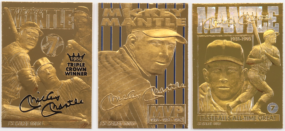 Complete Set of (3) LE 1997 Bleachers Mickey Mantle 23KT Gold Cards at PristineAuction.com Complete Set of (3) LE 1997 Bleachers Mickey Mantle 23KT Gold Cards at PristineAuction.com