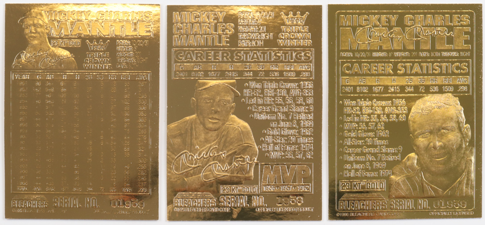 Complete Set of (3) LE 1997 Bleachers Mickey Mantle 23KT Gold Cards at PristineAuction.com Complete Set of (3) LE 1997 Bleachers Mickey Mantle 23KT Gold Cards at PristineAuction.com