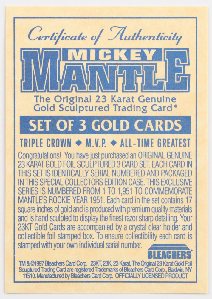 Complete Set of (3) LE 1997 Bleachers Mickey Mantle 23KT Gold Cards at PristineAuction.com Complete Set of (3) LE 1997 Bleachers Mickey Mantle 23KT Gold Cards at PristineAuction.com
