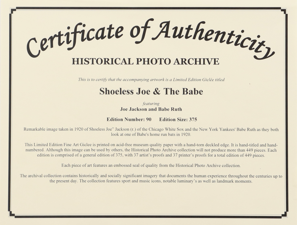 Historical Photo Archive - Babe Ruth & Joe Jackson "Shoeless Joe” & The Babe" Limited Edition 10x14.5 Fine Art Giclee on Paper #/375 at PristineAuction.com Historical Photo Archive - Babe Ruth & Joe Jackson "Shoeless Joe” & The Babe" Limited Edition 10x14.5 Fine Art Giclee on Paper #/375 at PristineAuction.com