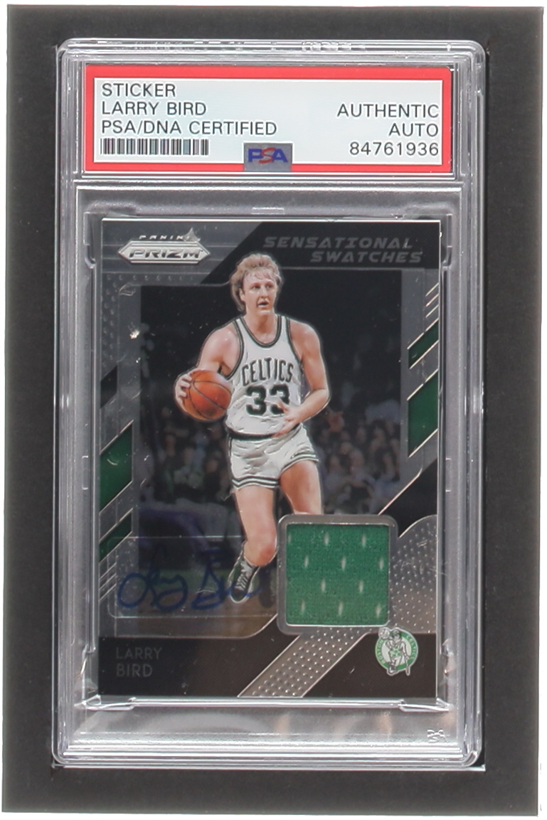 Larry Bird Signed Sticker On 2018-19 Panini Prizm Sensational Swatches #53 (PSA & Beckett) at PristineAuction.com Larry Bird Signed Sticker On 2018-19 Panini Prizm Sensational Swatches #53 (PSA & Beckett) at PristineAuction.com