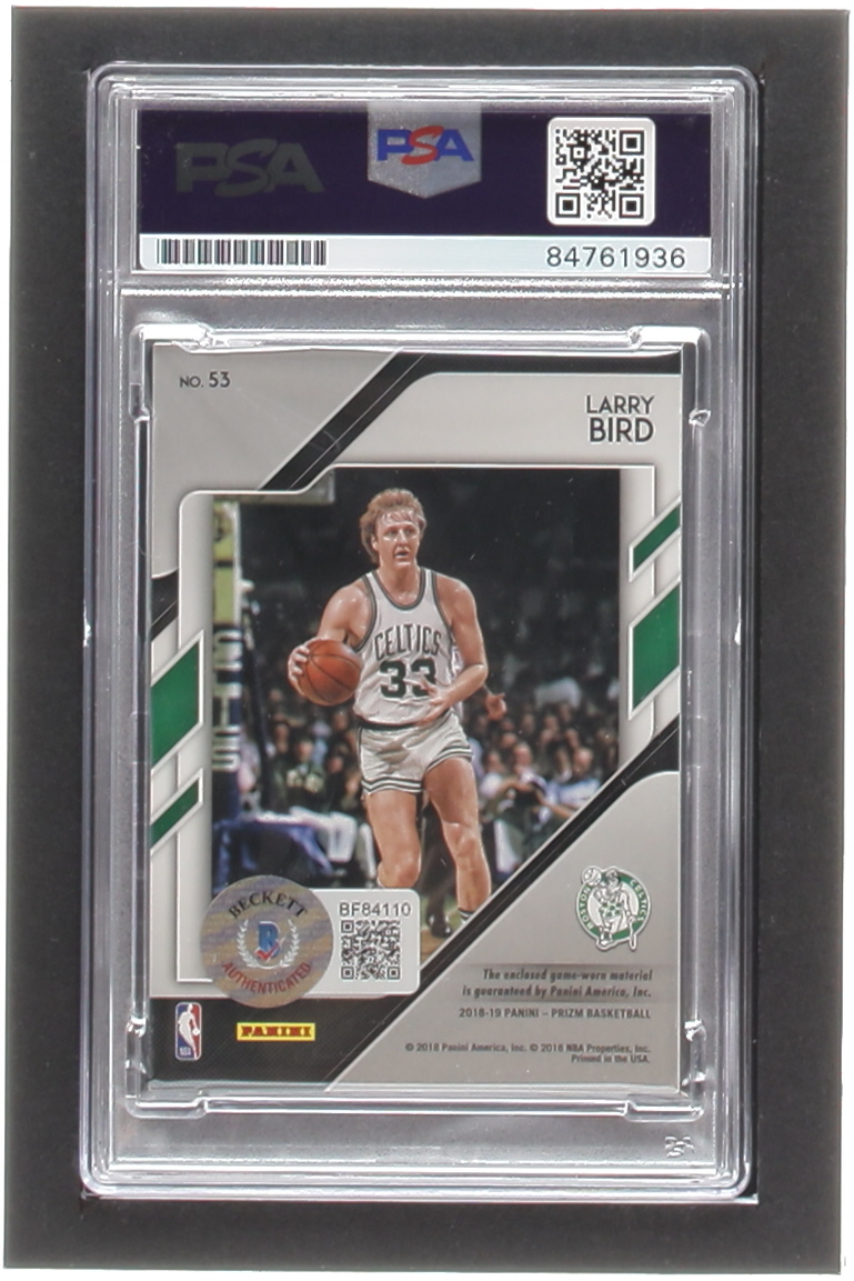 Larry Bird Signed Sticker On 2018-19 Panini Prizm Sensational Swatches #53 (PSA & Beckett) at PristineAuction.com Larry Bird Signed Sticker On 2018-19 Panini Prizm Sensational Swatches #53 (PSA & Beckett) at PristineAuction.com