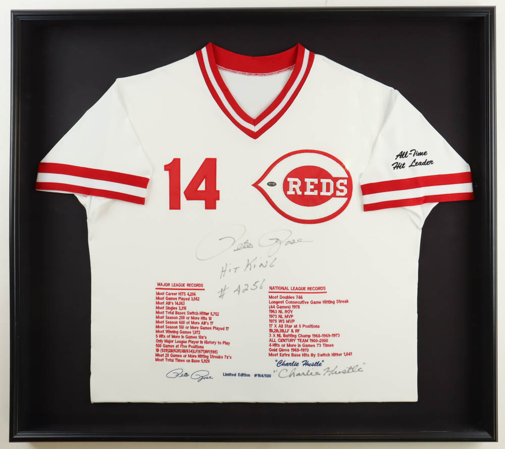Pete Rose Signed Reds LE Custom Framed Career Stat Jersey Display Inscribed "Hit King," "Charlie Hustle" & "#4256" (Rose) at PristineAuction.com Pete Rose Signed Reds LE Custom Framed Career Stat Jersey Display Inscribed "Hit King," "Charlie Hustle" & "#4256" (Rose) at PristineAuction.com