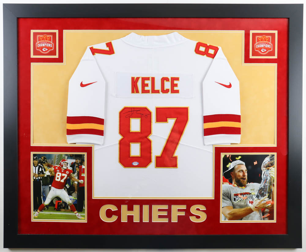 Travis Kelce Signed Chiefs Custom Framed Jersey Display (PSA) at PristineAuction.com Travis Kelce Signed Chiefs Custom Framed Jersey Display (PSA) at PristineAuction.com