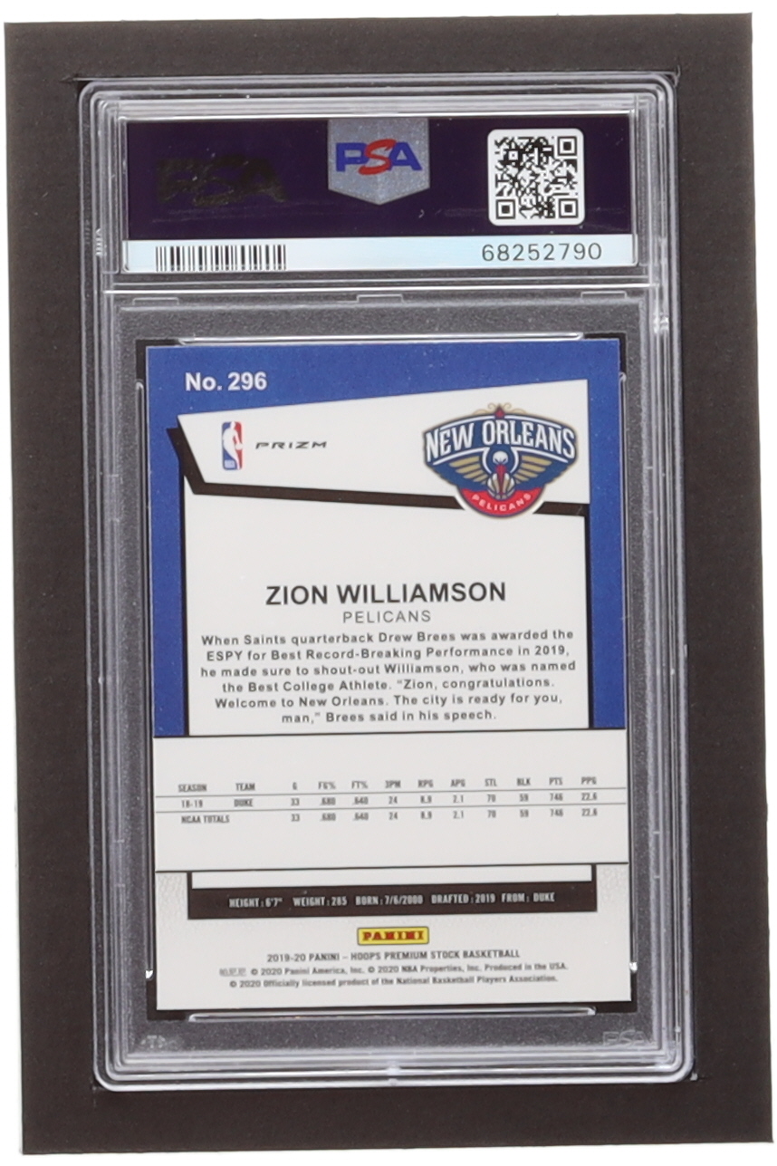 Zion Williamson 2019-20 Hoops Premium Stock Prizms Silver #296 RC (PSA 10) at PristineAuction.com Zion Williamson 2019-20 Hoops Premium Stock Prizms Silver #296 RC (PSA 10) at PristineAuction.com