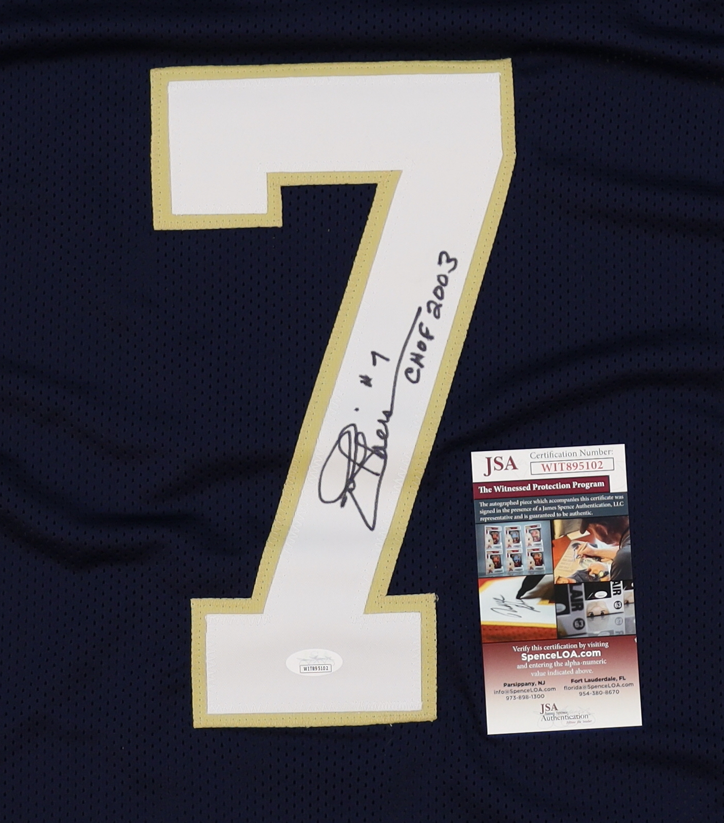 Joe Theismann Signed Notre Dame Fighting Irish Jersey Inscribed "CHOF 2003" (JSA) at PristineAuction.com Joe Theismann Signed Notre Dame Fighting Irish Jersey Inscribed "CHOF 2003" (JSA) at PristineAuction.com