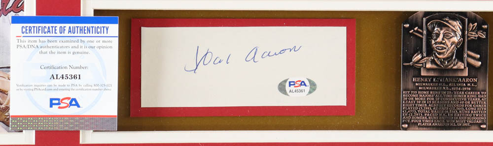 Hank Aaron Signed Braves Custom Framed Cut Display with Jersey & Hall Of Fame Mini Plaque (PSA) at PristineAuction.com Hank Aaron Signed Braves Custom Framed Cut Display with Jersey & Hall Of Fame Mini Plaque (PSA) at PristineAuction.com