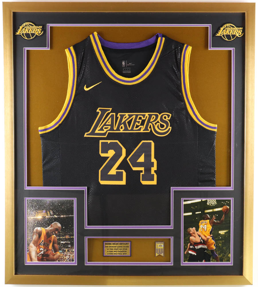 Kobe Bryant Custom Framed Lakers Jersey Display with Lakers Mini Metal Championship Banner at PristineAuction.com Kobe Bryant Custom Framed Lakers Jersey Display with Lakers Mini Metal Championship Banner at PristineAuction.com