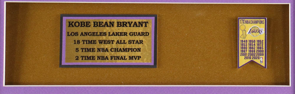 Kobe Bryant Custom Framed Lakers Jersey Display with Lakers Mini Metal Championship Banner at PristineAuction.com Kobe Bryant Custom Framed Lakers Jersey Display with Lakers Mini Metal Championship Banner at PristineAuction.com