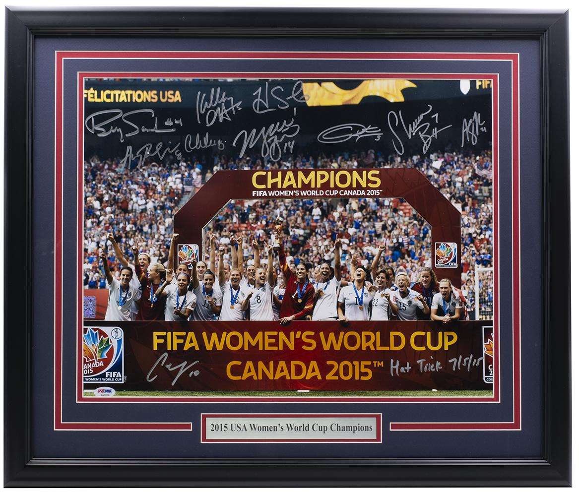 2015 Team USA World Cup 22x27 Custom Framed Photo Display Team-Signed by (10) with Hope Solo, Carli Lloyd, Shannon Boxx, Morgan Brian Inscribed "Hat Trick 7/5/15" (PSA) at PristineAuction.com 2015 Team USA World Cup 22x27 Custom Framed Photo Display Team-Signed by (10) with Hope Solo, Carli Lloyd, Shannon Boxx, Morgan Brian Inscribed "Hat Trick 7/5/15" (PSA) at PristineAuction.com