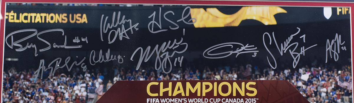 2015 Team USA World Cup 22x27 Custom Framed Photo Display Team-Signed by (10) with Hope Solo, Carli Lloyd, Shannon Boxx, Morgan Brian Inscribed "Hat Trick 7/5/15" (PSA) at PristineAuction.com 2015 Team USA World Cup 22x27 Custom Framed Photo Display Team-Signed by (10) with Hope Solo, Carli Lloyd, Shannon Boxx, Morgan Brian Inscribed "Hat Trick 7/5/15" (PSA) at PristineAuction.com