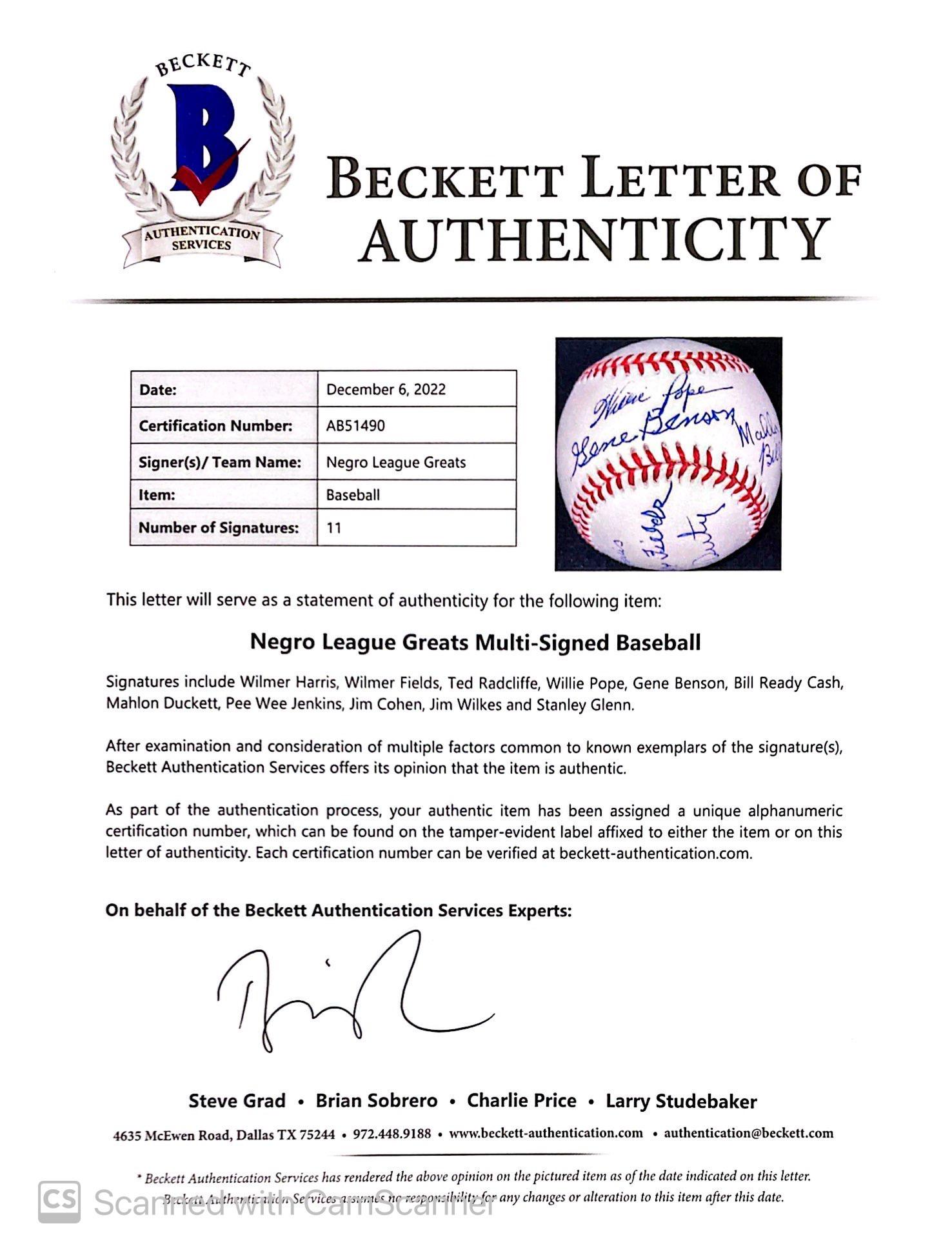 Negro League Legends OAL Baseball Signed By (11) with Wilmer Harris, Wilmer Fields, Ted Radcliffe, Willie Pope, Gene Benson (Beckett) at PristineAuction.com Negro League Legends OAL Baseball Signed By (11) with Wilmer Harris, Wilmer Fields, Ted Radcliffe, Willie Pope, Gene Benson (Beckett) at PristineAuction.com