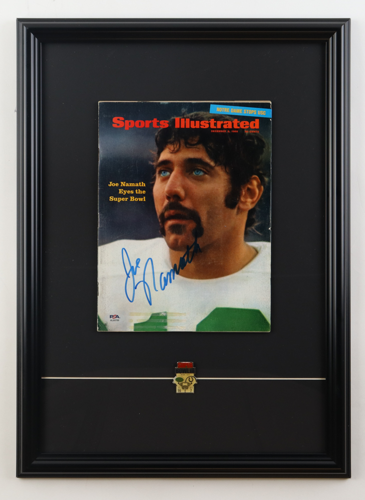 Joe Namath Signed 1968 Sports Illustrated Custom Framed Magazine Display With Official Super Bowl III Pin (PSA) at PristineAuction.com Joe Namath Signed 1968 Sports Illustrated Custom Framed Magazine Display With Official Super Bowl III Pin (PSA) at PristineAuction.com