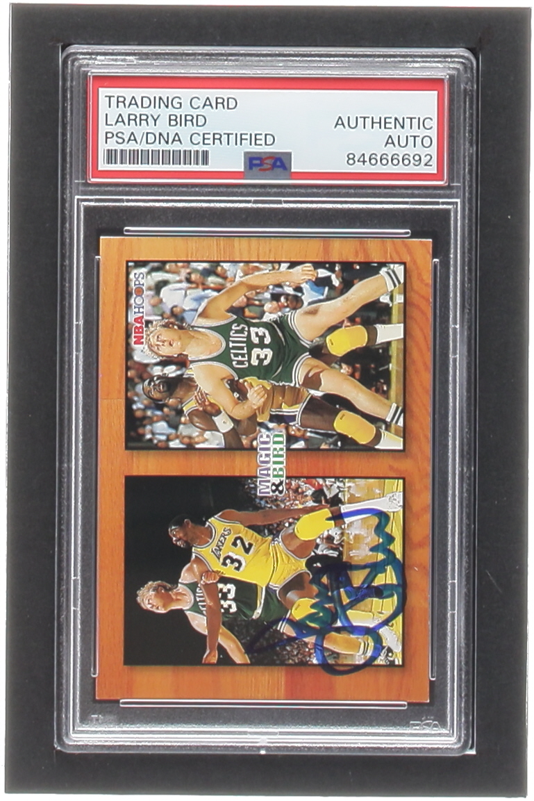 Larry Bird Signed 1993-94 Hoops #MB1 Magic Johnson / Larry Bird Commemorative (PSA) at PristineAuction.com Larry Bird Signed 1993-94 Hoops #MB1 Magic Johnson / Larry Bird Commemorative (PSA) at PristineAuction.com