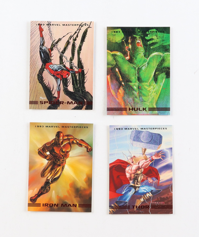 1993 SkyBox Marvel Masterpieces Complete Set of (90) Cards with Hulk #1, Spider-Man #5, Iron-Mn #4 & Thor #3 at PristineAuction.com 1993 SkyBox Marvel Masterpieces Complete Set of (90) Cards with Hulk #1, Spider-Man #5, Iron-Mn #4 & Thor #3 at PristineAuction.com
