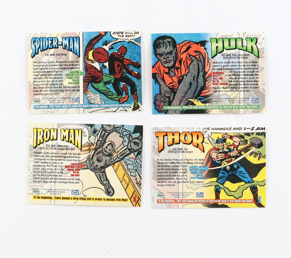 1993 SkyBox Marvel Masterpieces Complete Set of (90) Cards with Hulk #1, Spider-Man #5, Iron-Mn #4 & Thor #3 at PristineAuction.com 1993 SkyBox Marvel Masterpieces Complete Set of (90) Cards with Hulk #1, Spider-Man #5, Iron-Mn #4 & Thor #3 at PristineAuction.com