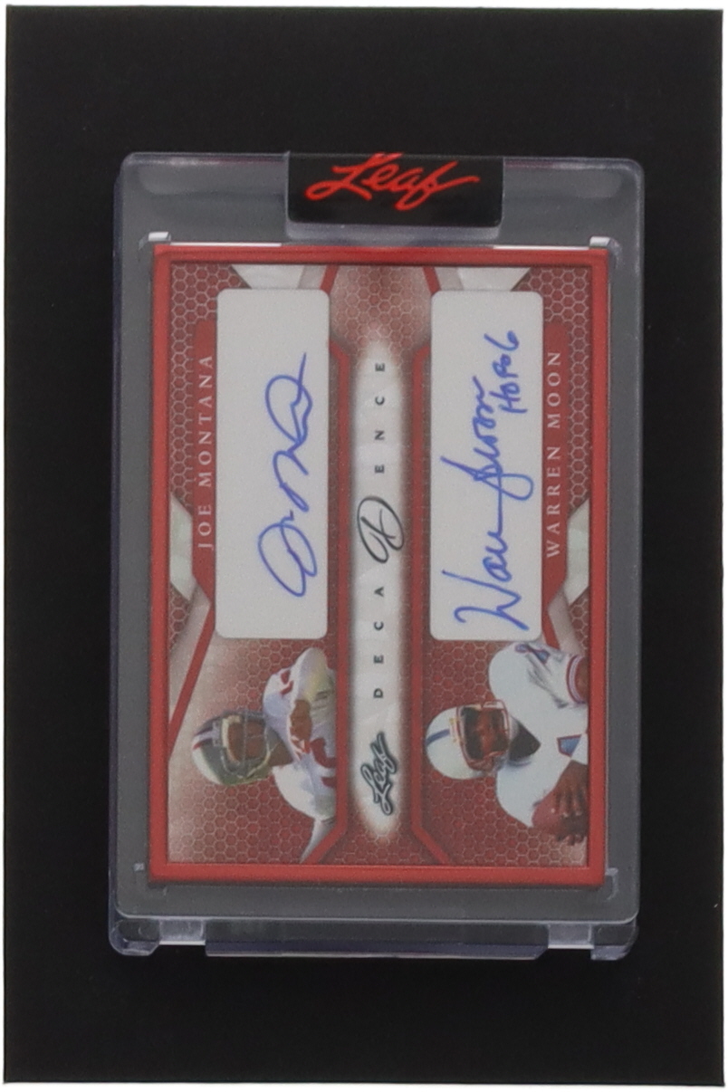 Joe Montana / Warren Moon 2022 Leaf Decadence Dual Autographs Red #DA20 #1/3 at PristineAuction.com Joe Montana / Warren Moon 2022 Leaf Decadence Dual Autographs Red #DA20 #1/3 at PristineAuction.com